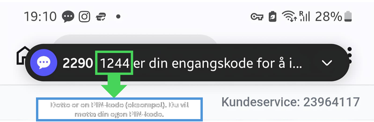 Eksempel på en SMS fra 2290 der den firesifrede PIN-koden etter avsendernummeret er markert